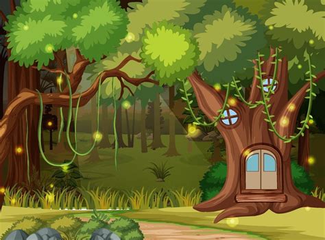 Enchanted Forest Background With Tree House Vector Art At Vecteezy