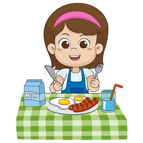 Niños comen mesa niño desayuno almuerzo comida rápida comedor niña niño dibujos animados. El Niño Come El Desayuno Que Puede Afectar Al Crecimiento ...