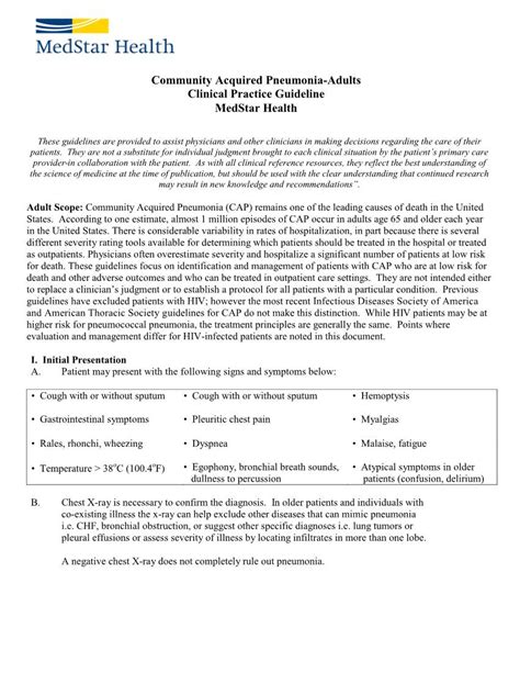 Community Acquired Pneumonia Adults Clinical Practice Guideline Medstar