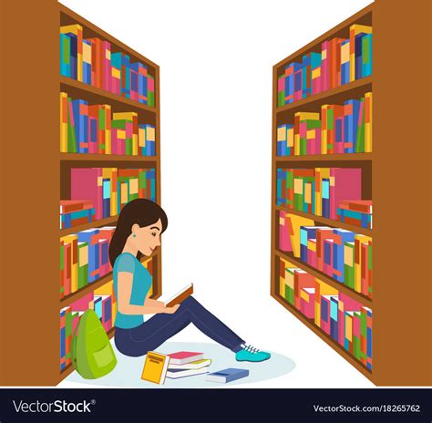 Girl In Library Reading Book And Working Vector Image