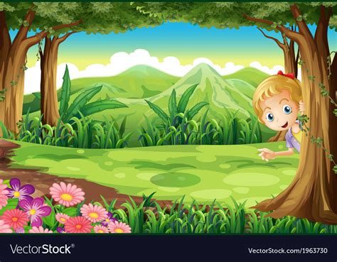 A Young Girl Playing Hide And Seek At The Forest Vector Image