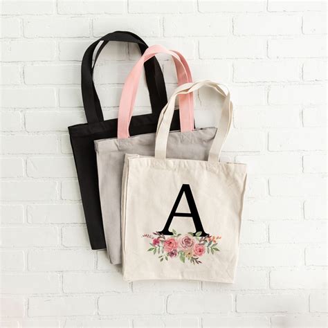 Floral Tote Bag Custom Tote Bag Initial Bag Floral Name Etsy