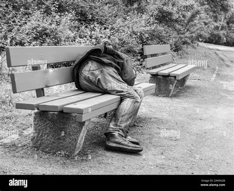 Man Sleeping On A Park Bench In Germany Stock Photo Alamy