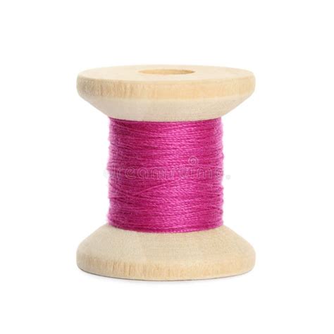 Wooden Spool Of Bright Pink Sewing Thread Isolated On White Stock Image
