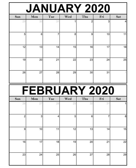 2020 January February Calendar Print February Calendar Calendar