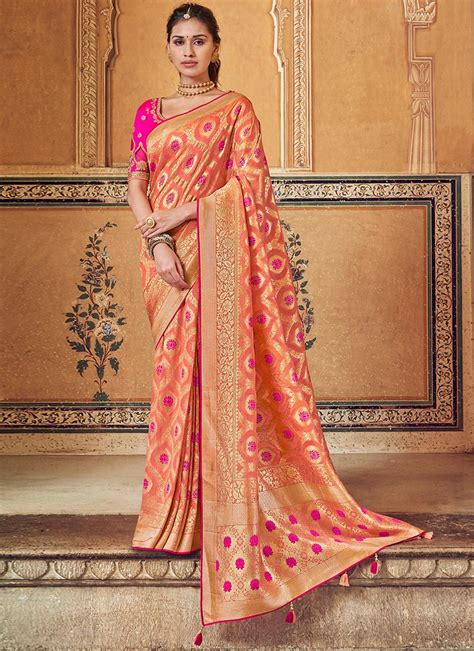 Peach Silk Embroidered Saree Sarees Designer Collection