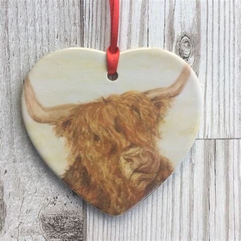 Highland Cow Decoration Heart Shaped Hanging Ceramic Decoration