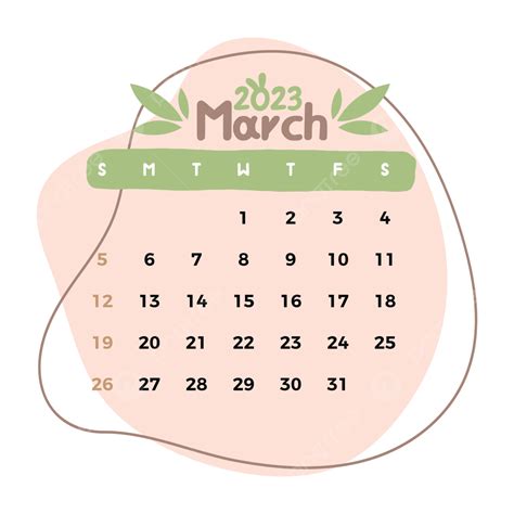 March 2023 Calendar Plant Theme Vector Illustration 2023 2023 March