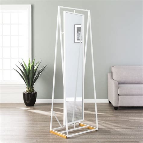 Full Length Swivel Mirror With Storage Rack Unique White Frame Standing