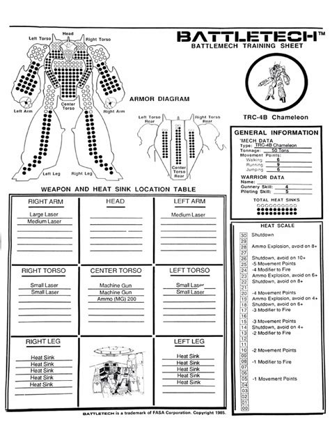 Battletech Training Sheet 1985 Pdf Battle Tech Projectile Weapons