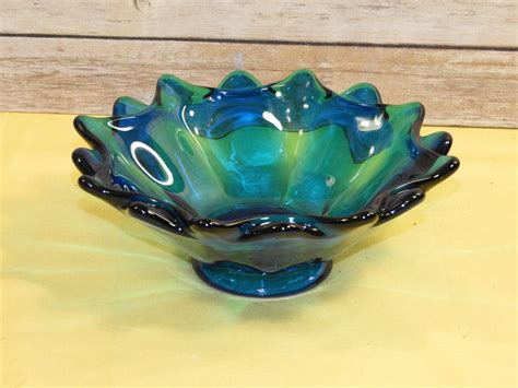 Vintage Blue Green Art Glass Dish Blue Murano Glass Bowl Scalloped Pointed Rim Carnival Glass