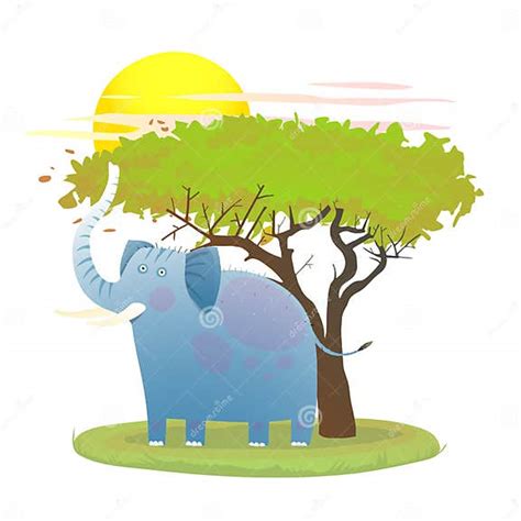 Blue Baby Elephant In Nature With Tree And Sun Stock Vector