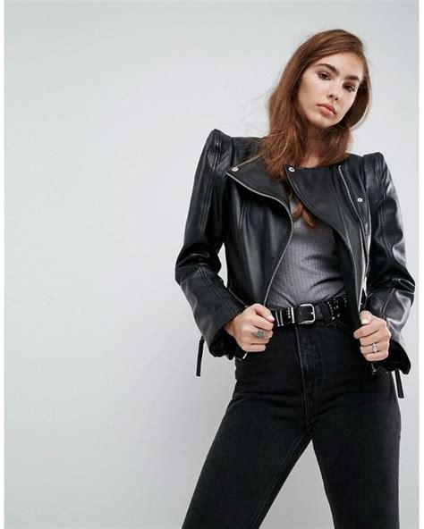 Lyst Asos Leather Biker Jacket With Shoulder Pads In Black