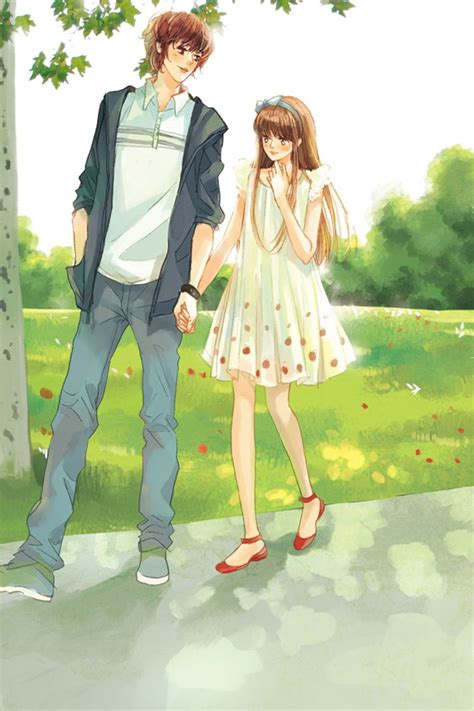 Love Anime Couple Boy Girl Tree Red Shoes White