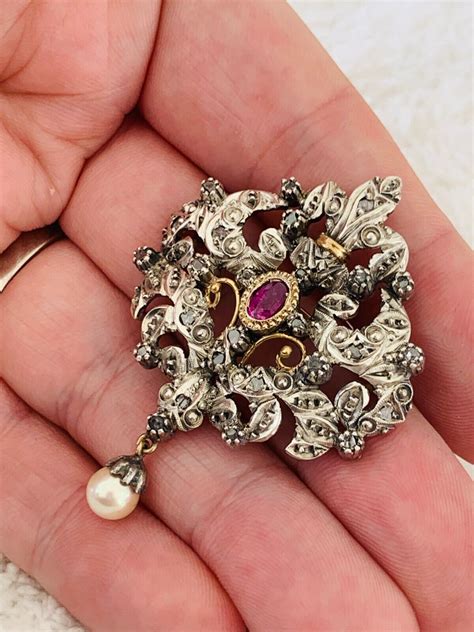 18ct Gold Silver Diamond Natural Ruby Cultured Pearl Pendant Brooch