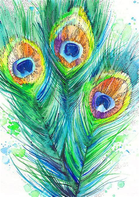 Peacock Feather Watercolor Painting Print 8 X 12 Green Yellow Blue