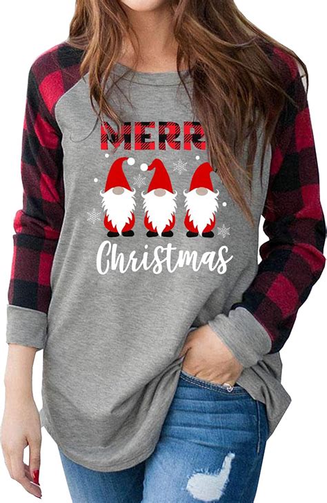 Merry Christmas Santa Graphic Plus Size Plaid Raglan T Shirts Womens