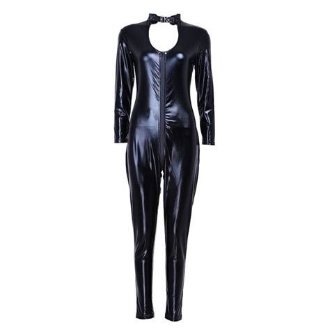 Sexy Woman Pvc Vinyl Patent Leather Catwoman Jumpsuit With Gloves Wet Look Liquid Catsuit Crotch
