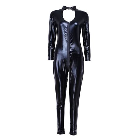 Women Wet Look Shiny Lycra Catsuit Breast Front Zip Open Crotch