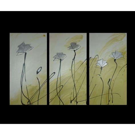 3 Piece Abstract Poppies Canvas Painting In Lime Green And