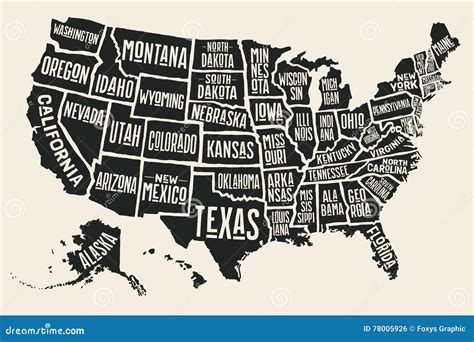 Poster Map United States Of America With State Names Stock Vector