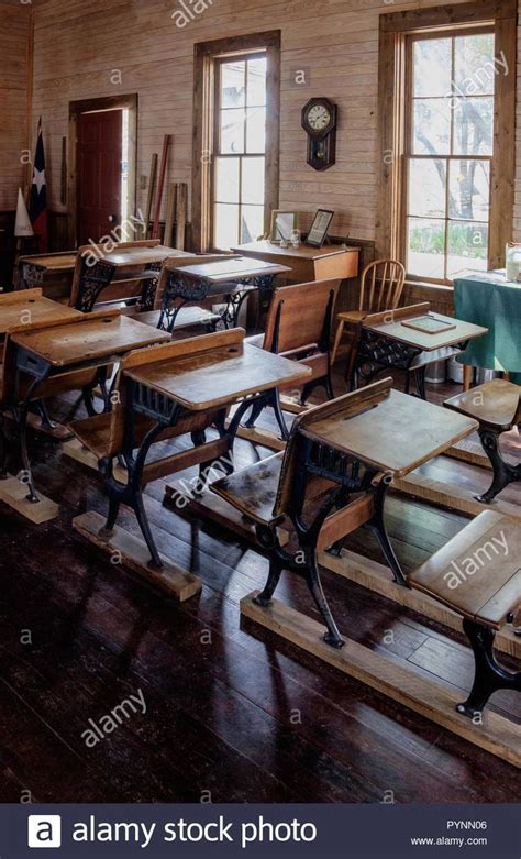 Vintage Classroom In Old One Room Schoolhouse With Rustic Wooden Desks
