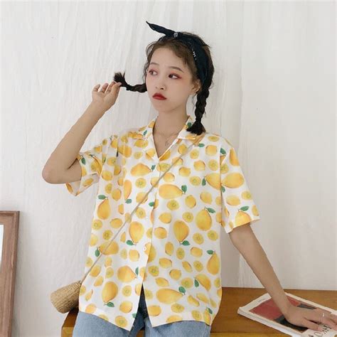 Hzirip New 2018 Summer Shirt Women Fashion Short Sleeve V Neck Lemon Printed Blouses Loose
