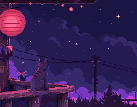 A Cat Sitting On Top Of A Wooden Bench Next To A Red Lantern At Night