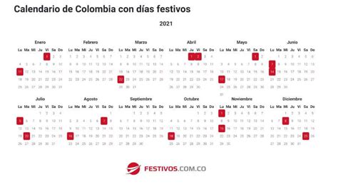 Calendario De Colombia Con Días Festivos 2021 2022