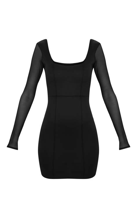 Black Square Neck Mesh Sleeve Panelled Bodycon Dress