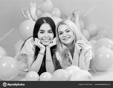 Gossip Concept Blonde And Brunette On Smiling Faces Have Fun At