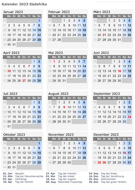 Kalender Südafrika 2023 Mit Feiertage