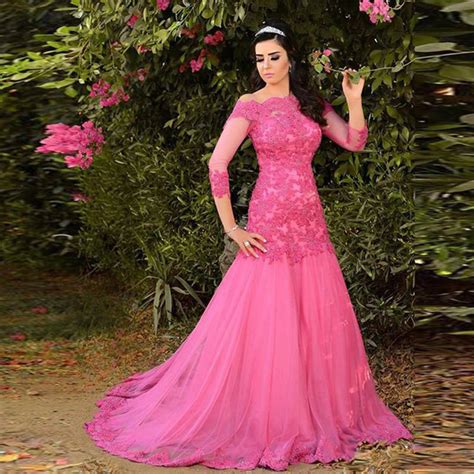 Fashion Fuchsia Plus Size Prom Dresses With Sleeves Boat Neck Beaded Lace Mermaid Pink Prom
