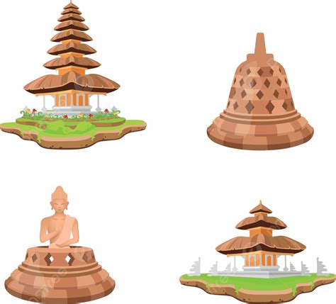 Indonesian Temples Flat Color Vector Objects Set Background Web