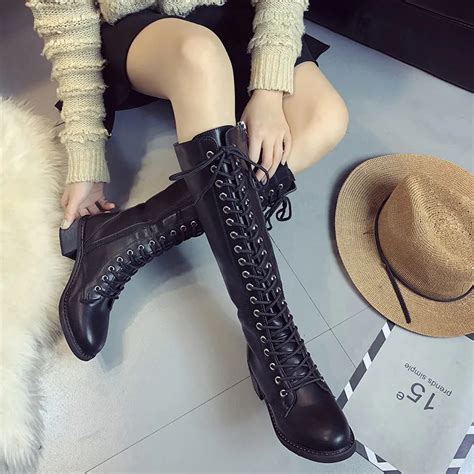 woman front lace up knee high martin boots winter warm plush gladiator long booties lady thick