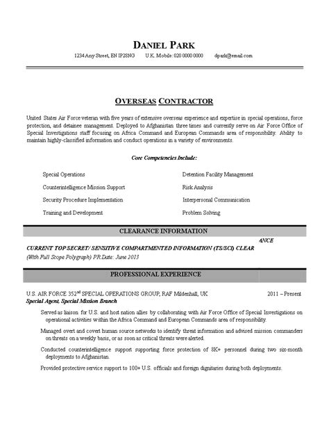 Contract Work Resume Example