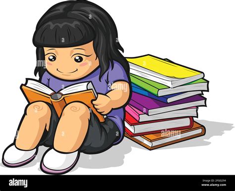 School Girl Student Studying And Reading Book Cartoon Illustration Stock