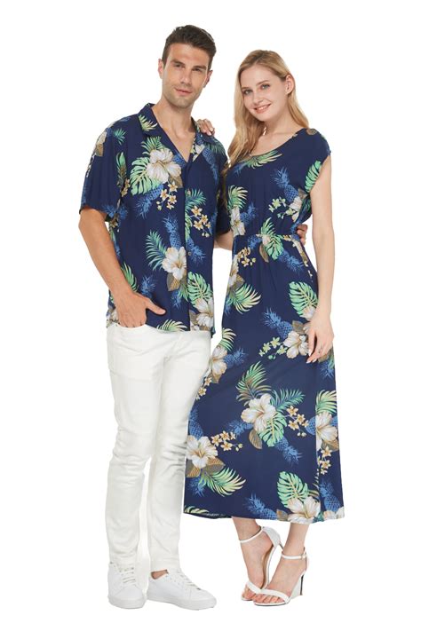 Couple Matching Hawaiian Luau Shirt Cap Sleeve Maxi Dress In Hibiscus
