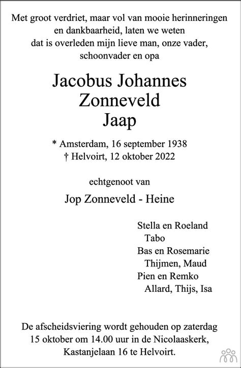 Jacobus Johannes Jaap Zonneveld Overlijdensbericht En