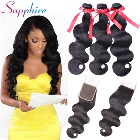 Sapphire Hair 3 Bundles Brazilian Body Wave Hair With Closure 44 Free Part 4pcslot Non Remy