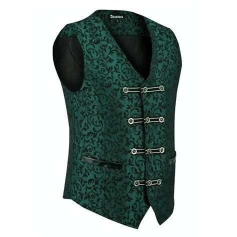 Premium Mens Vest Waistcoat Green Damask Velvet Goth Steampunk Vtg