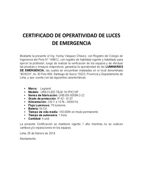 Certificado De Operatividad De Luces De Emergencia Boschdocx