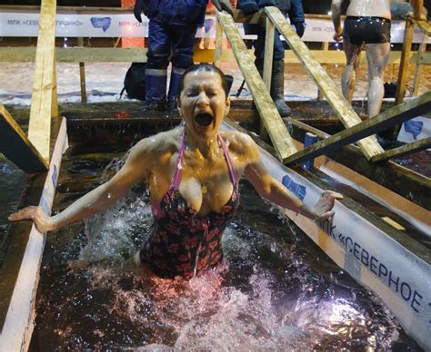 Bikini Girls Plunge Russians Jump Into Freezing Water In Bizarre