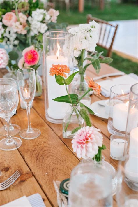 Bud Vases And Pillar Candles On Farm Table Blush Floral Design Emily