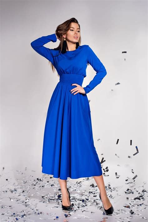 Синее платье миди с широким поясом на длинный рукав Купить в Киеве