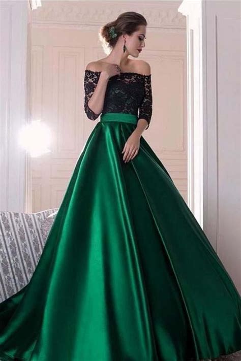 A Line Dark Green Satin Off The Shoulder 34 Sleeves Ruffles Lace Prom