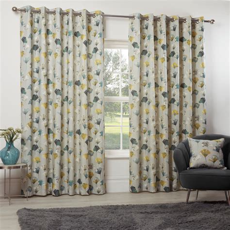 Ochre Mustard Teal Floral Eyelet Curtains Modern Spring Flower Ring Top