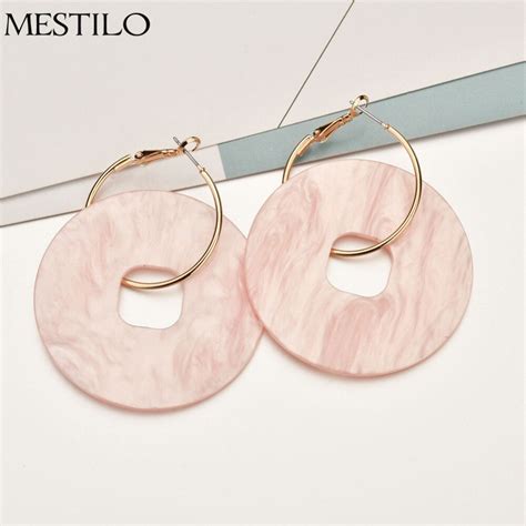 Mestilo Geometric Round Circle Pink Resin Gold Big Hoop Earrings For Women Exaggeration