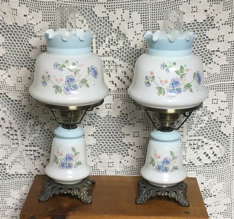 Vintage ribbed glass pendant light, 1960s. Pair of Blue Floral Electric Hurricane Table Lamps w ...