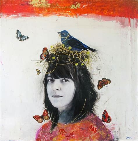 A Painting Of A Woman With Birds On Her Head And Butterflies Flying